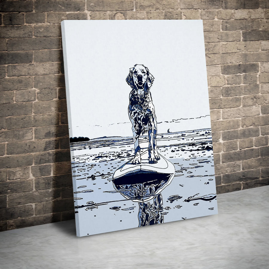 Surfing Golden Retriever Canvas Wall Art | Sketch Style Surfer Dog at Beach | Premium 1.25" Thick Print | Gift for Dog Lover, Coastal Home Decor