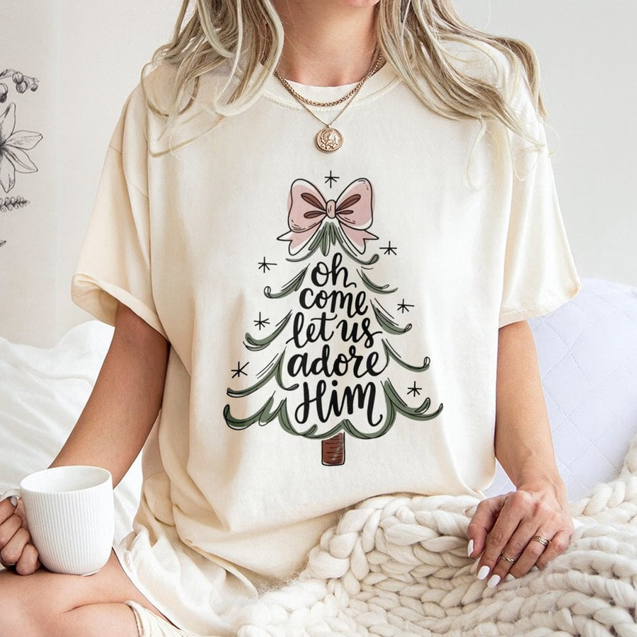 Oh Come Let Us Adore Him Christmas T-Shirt | Festive Tree Coquette Bow Graphic | Premium Soft Cotton Tee | Religious Holiday Gift for Her