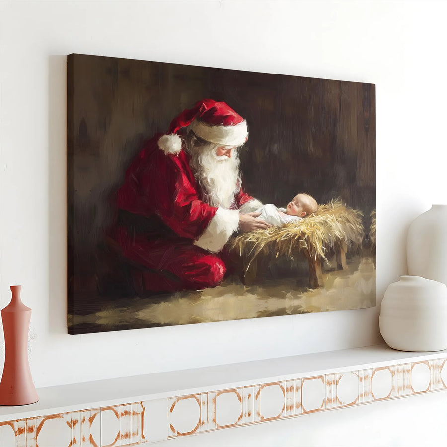 Santa Kneeling Before Baby Jesus Canvas | Religious Nativity Wall Art | Gallery Wrapped Premium Print | Christmas Faith Home Decor Gift
