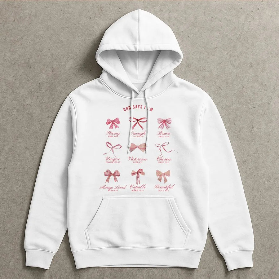God Says I Am Hoodie | Christian Coquette Bow Design | Premium Cotton Blend | Faith Based Gift for Women