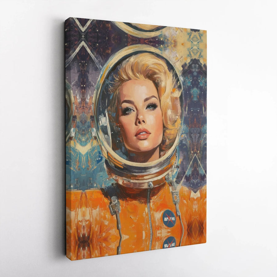 Retro Space Astronaut Canvas Print | Glamorous Blonde Portrait Wall Art | Gallery-Quality 1.25" Profile | Unique Gift for Space Enthusiasts