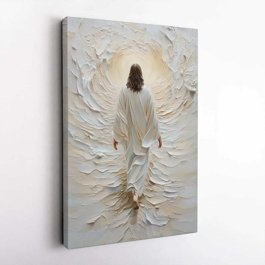 Jesus Walking Into Light Canvas | Textured Impasto Religious Wall Art | Premium Gallery Wrapped Print | Christian Home Decor Gift