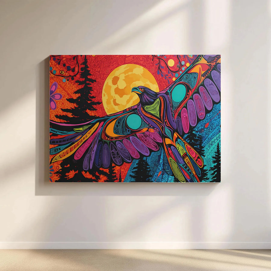 Tribal Eagle Canvas Wall Art | Vibrant Forest Moon Bird Artwork | Premium Fade-Resistant Print | Boho & Rustic Home Decor Gift