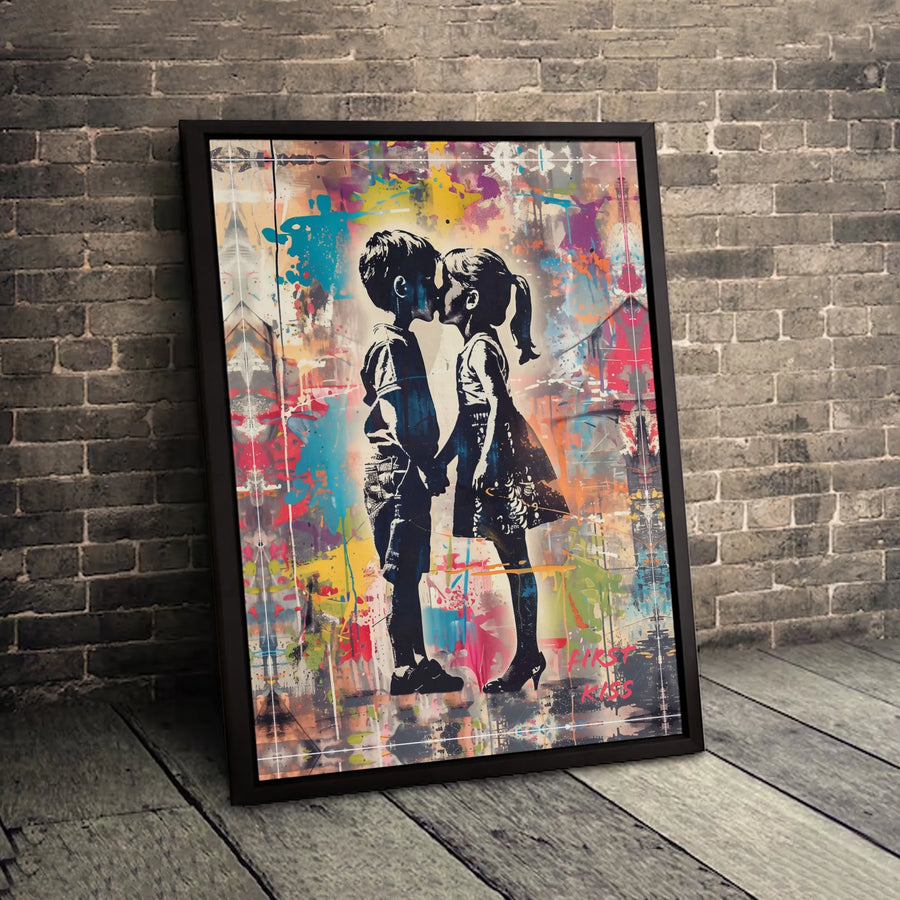 First Kiss Graffiti Canvas Art | Colorful Urban Street Style Print | Premium Gallery-Wrapped Quality | Romantic Wall Decor Gift for Couples