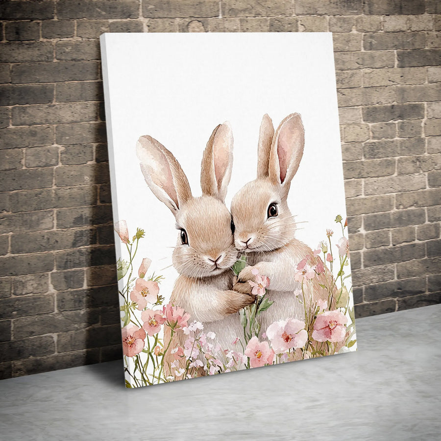 Watercolor Bunny Rabbit Wall Art | Cute Animal Cuddling Print | Premium Fade-Resistant Gallery Canvas | Nursery Decor Gift