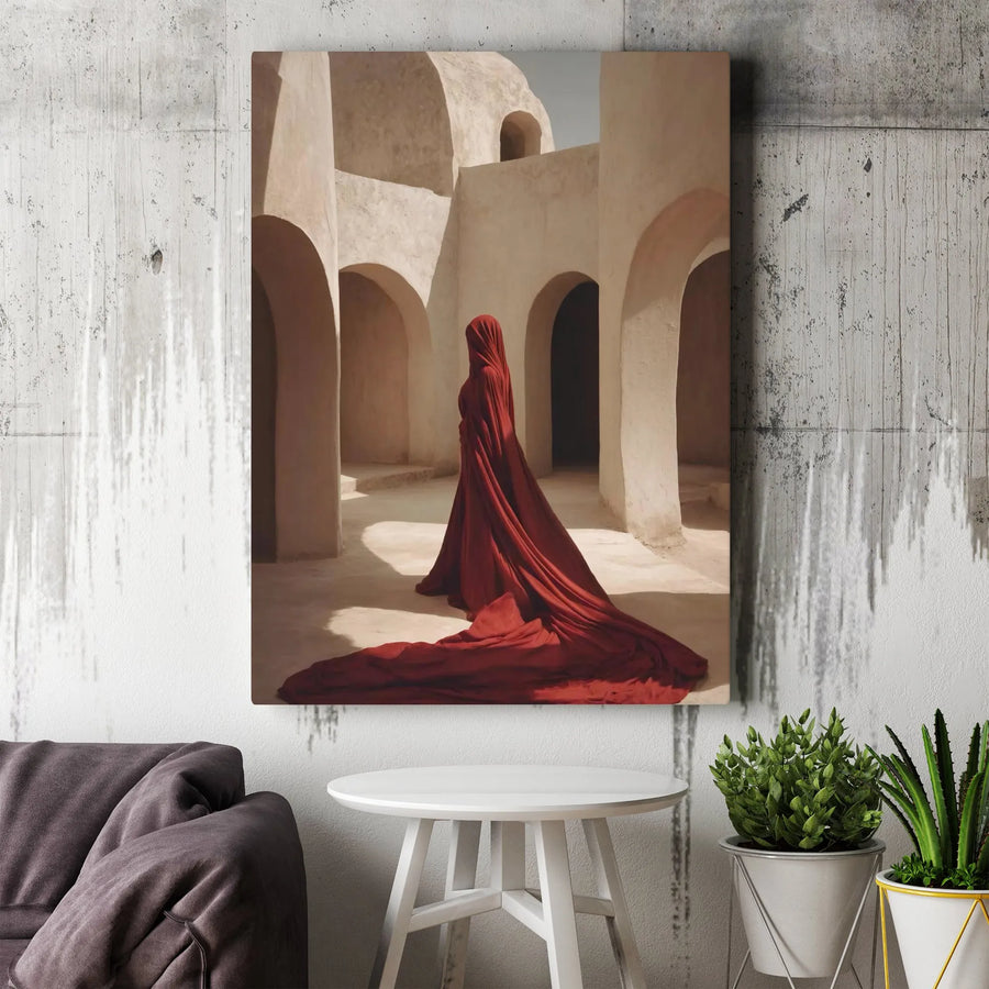 Mysterious Red Figure Vertical Canvas | Abstract Architectural Wall Art | Premium Gallery Wrapped Canvas | Modern Home & Office Decor Gift