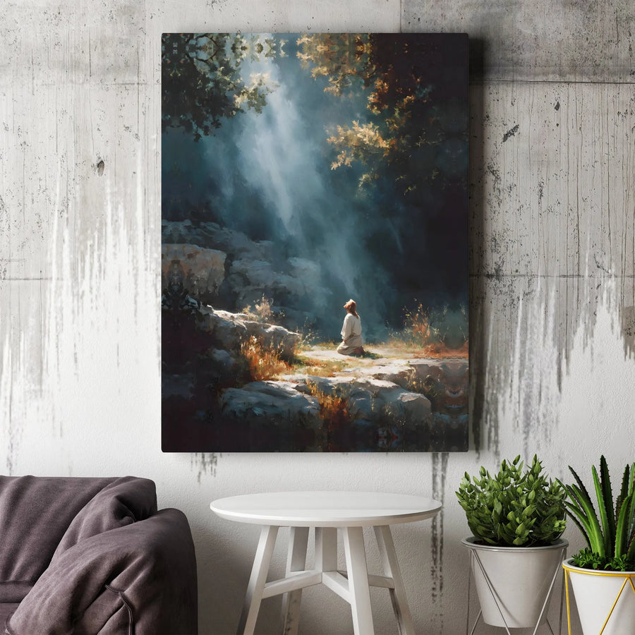 Jesus Kneeling in Prayer Canvas Wall Art | Divine Light Religious Decor | Premium Gallery Wrap Print | Christian Faith Home Gift