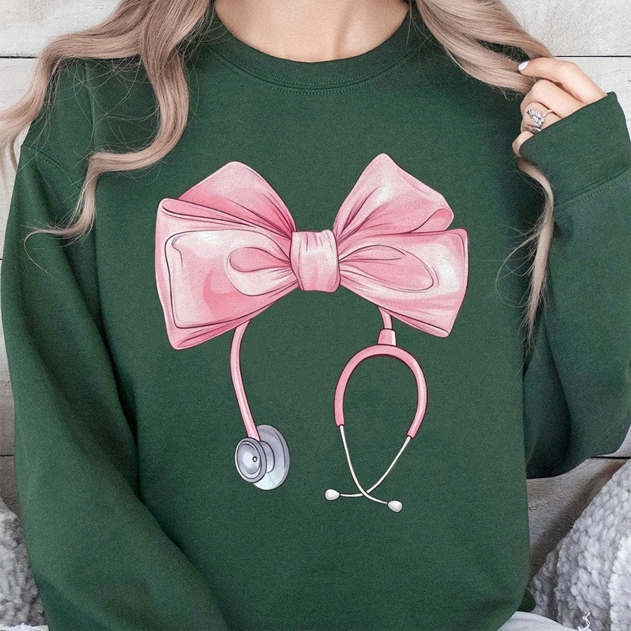 Nurse Stethoscope Sweatshirt | Coquette Pink Bow Graphic | Premium Cotton Blend | Aesthetic Nurse Appreciation Gift for Nursing Student