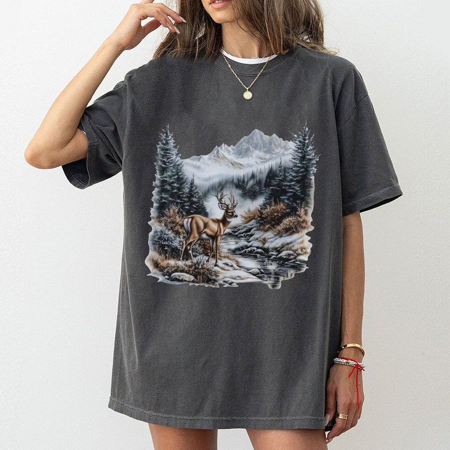 Whitetail Deer Mountain T-Shirt | Retro Winter Nature Graphic | Premium 100% Cotton | Wildlife Gift for Outdoorsmen and Nature Lovers