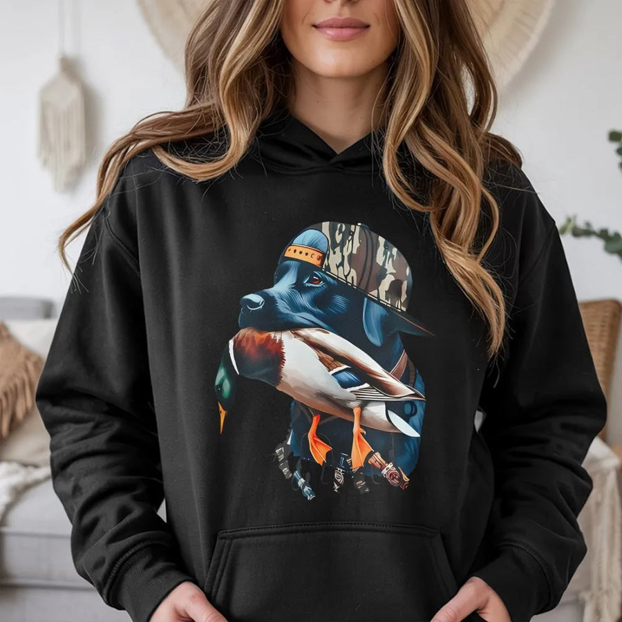 Hunting Dog Duck Hoodie | Camo Hat Lab Retriever Graphic | Premium Cotton Blend | Gift for Waterfowl Hunters and Outdoor Enthusiasts