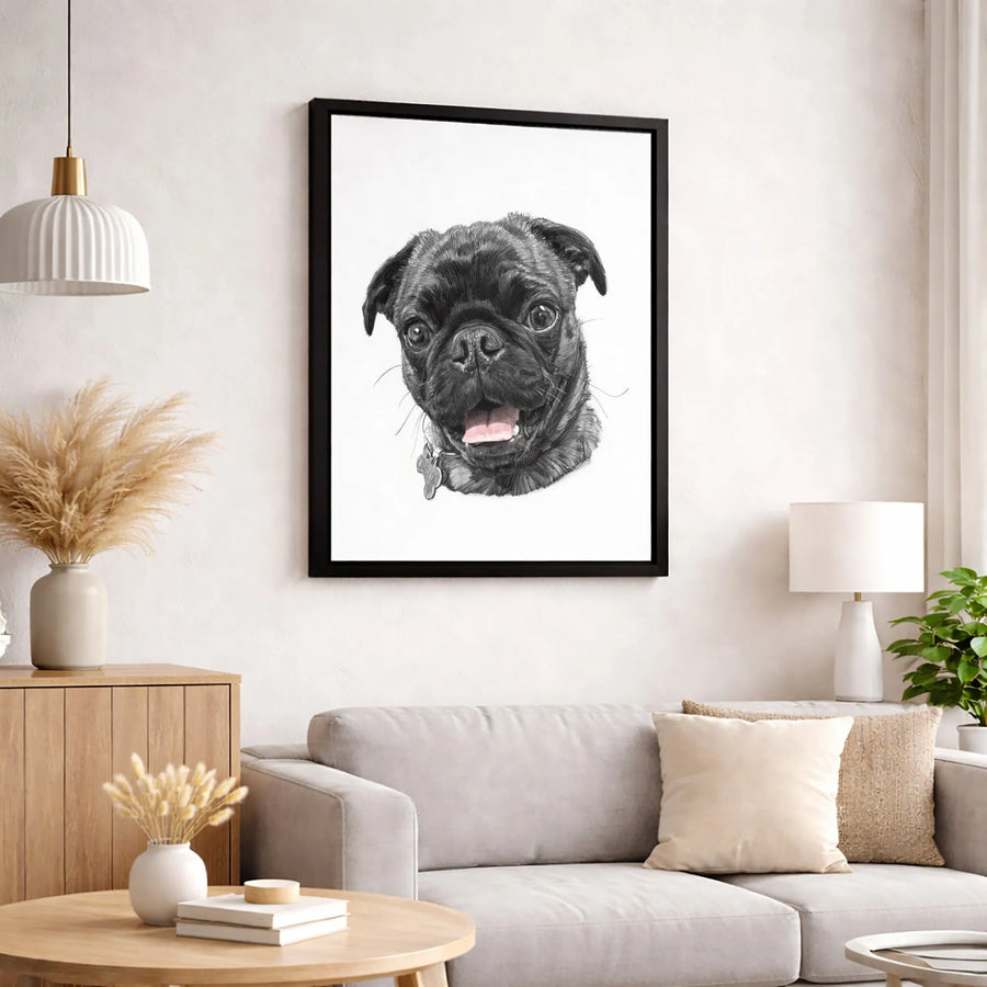 Black Pug Portrait Wall Art | Realistic Pencil Sketch Print | Gallery-Quality Canvas Decor | Dog Lover Gift For Home Office