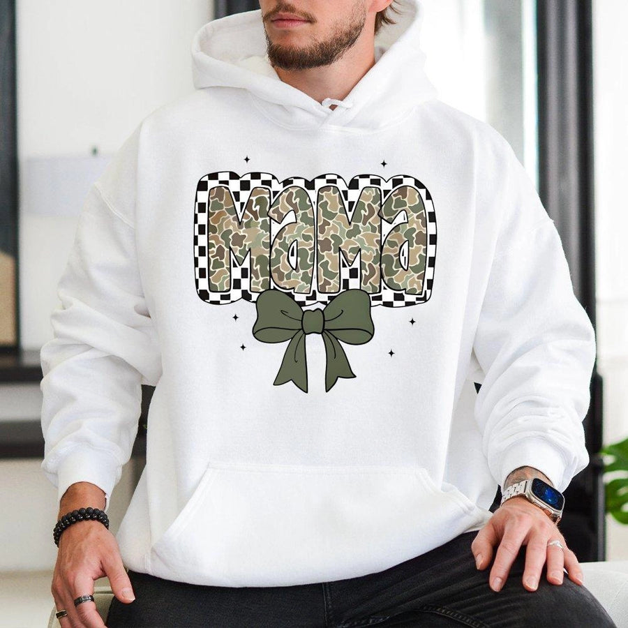 Mama Hoodie | Checkered Camo Print with Coquette Bow | Premium Cotton-Poly Blend | Cute Mother's Day 2026 Gift for Mom