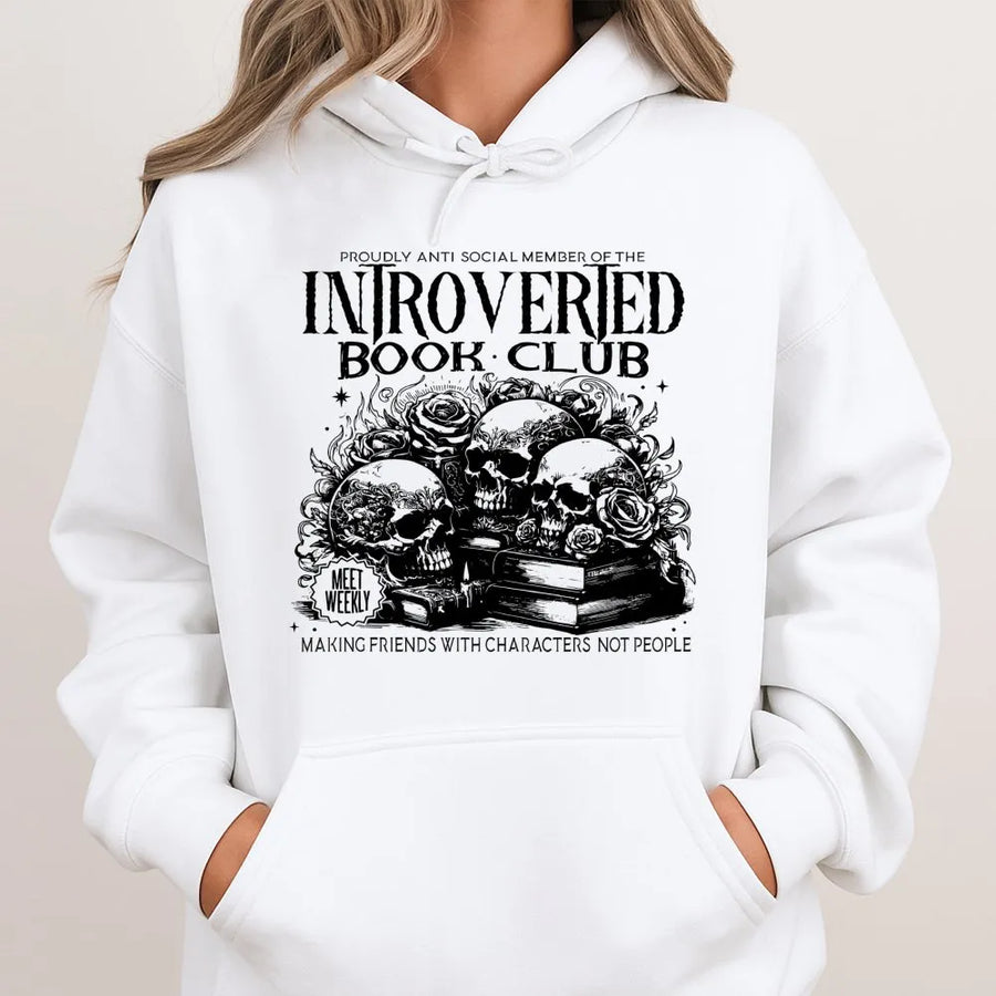 Introverted Book Club Hoodie | Dark Academia Skull Floral Graphic | Premium Cotton Blend | Gift For Book Lovers, Readers, and Librarians