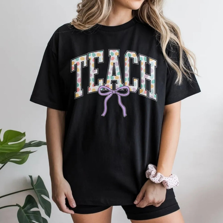 Teacher T-Shirt | Pastel Egg Pattern Varsity Lettering | 100% Soft Cotton | Cute Educator Spring Gift for Teachers