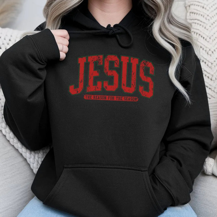 Jesus The Reason For The Season Hoodie | Retro Varsity Text Design | Premium Cotton Blend | Christian Christmas Gift for Men and Women