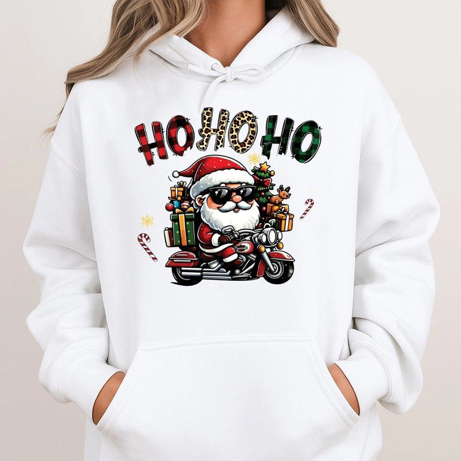 Cool Santa Motorcycle Hoodie | Funny Ho Ho Ho Graphic Print | Premium Cotton-Poly Blend | Christmas Gift for Men & Women