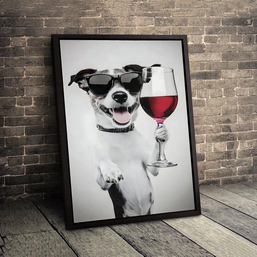 Funny Jack Russell Terrier Canvas | Dog Drinking Red Wine with Sunglasses | Premium 1.25 Inch Gallery Wrap | Unique Pet Lover Wall Art Gift