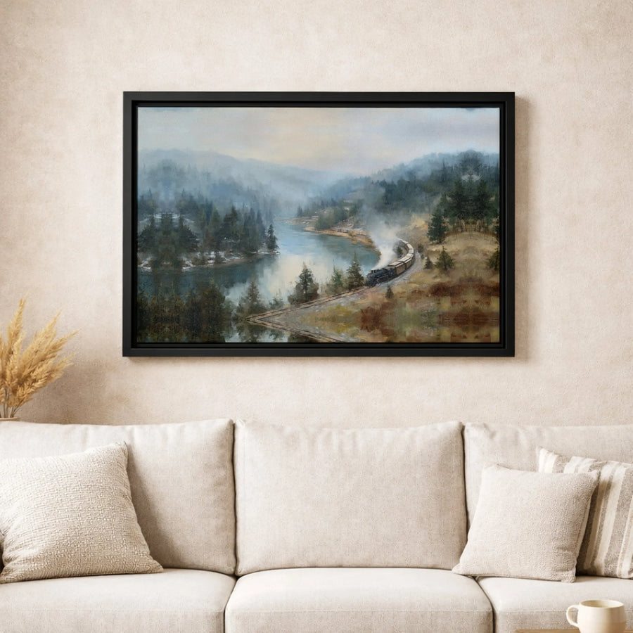 Steam Train Wall Art | Misty Mountain River Forest Canvas | Premium Gallery Wrapped Print | Vintage Landscape Decor for Home or Office