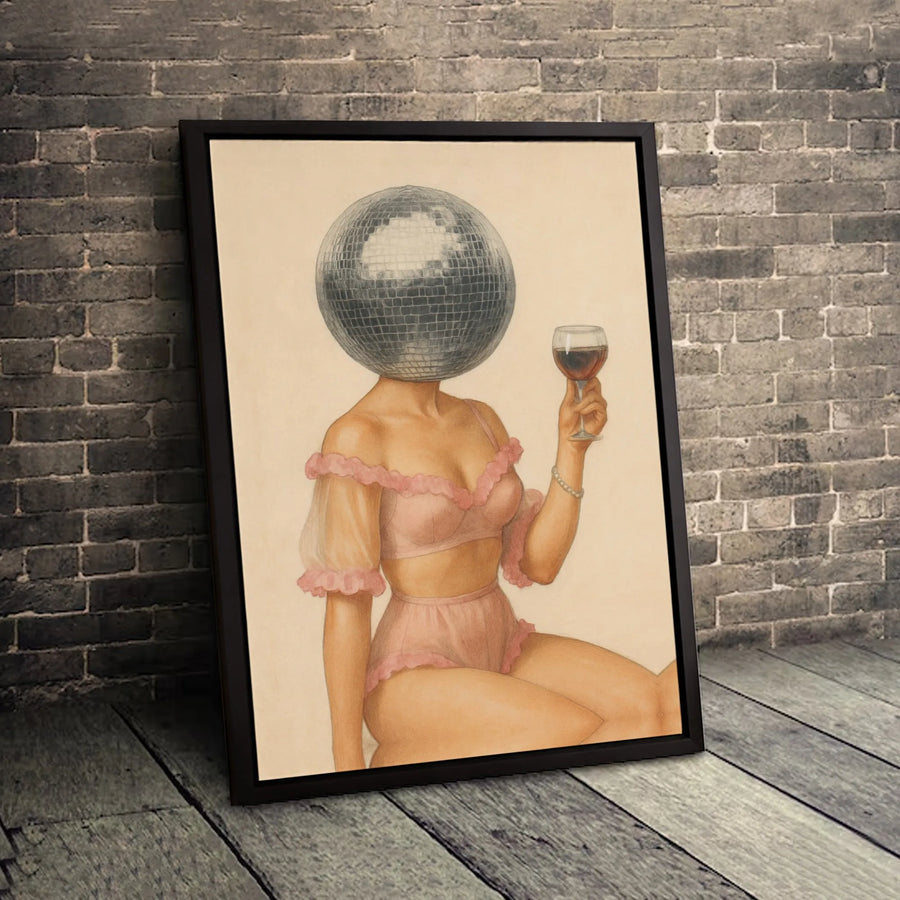 Surreal Disco Ball Head Woman Wall Art | Retro Glamour Aesthetic Print | Gallery Quality 1.25" Thick Canvas | Unique Trendy Gift for Home Decor