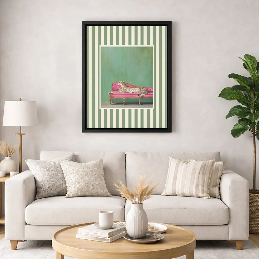 Cheetah On Pink Chaise Lounge Canvas Print | Whimsical Animal Wall Art | Premium Gallery-Wrapped Decor | Maximalist Home Gift