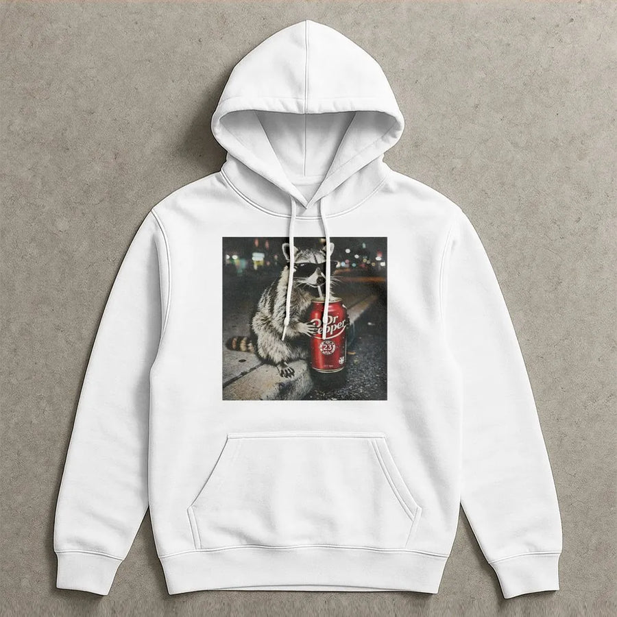 Raccoon Soda Meme Hoodie | Funny Vintage Animal Graphic Sweatshirt | Soft Cotton-Poly Blend | Trendy Streetwear Gift for Gen Z