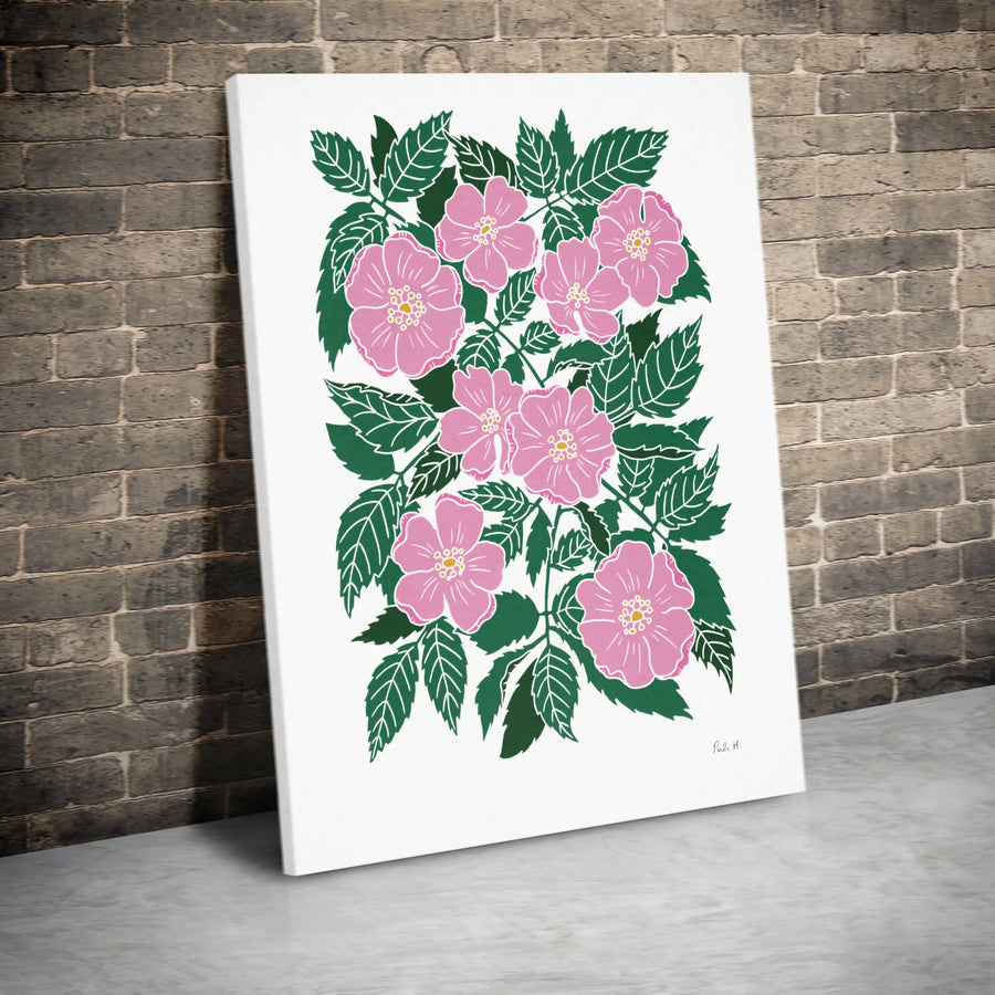 Wild Rose Canvas Wall Art | Linocut Style Pink Briar Rose Illustration | Premium 1.25" Thick Canvas | Modern Botanical Home Decor Gift