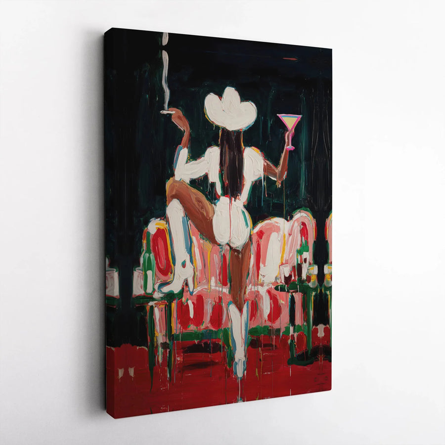 Cowgirl Wall Art Canvas Print | Abstract Smoking Woman with Cocktail | Premium Gallery Wrapped Canvas | Modern Western Home Decor Gift