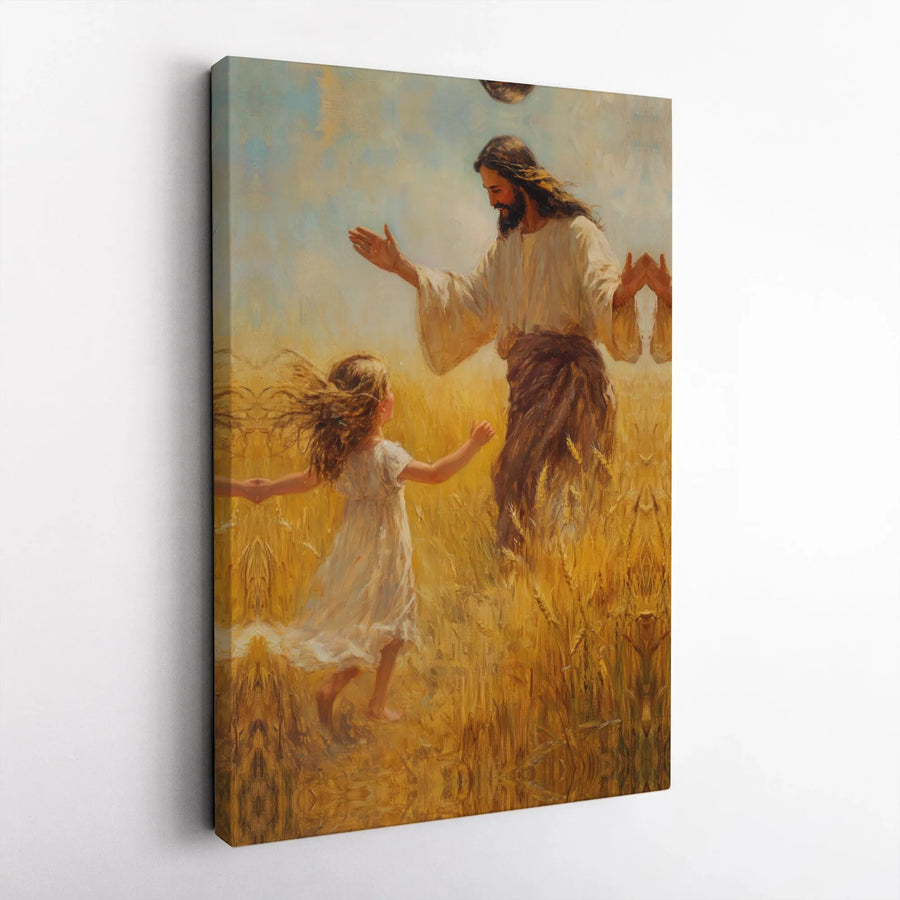 Jesus and Child Canvas Wall Art | Golden Wheat Field Painting | Premium Gallery Wrapped Decor | Christian Religious Gift for Nursery or Living Room