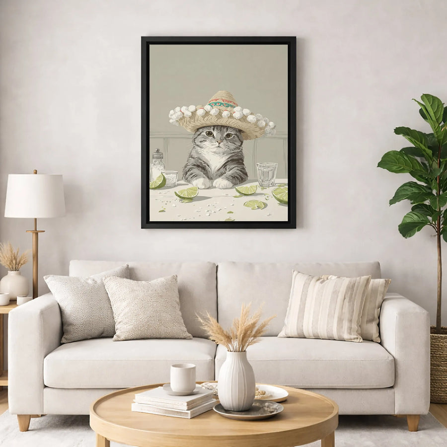 Sombrero Cat Canvas Wall Art | Funny Tabby Kitten With Tequila & Lime | Premium Gallery Wrapped Print | Unique Kitchen Bar Decor Gift