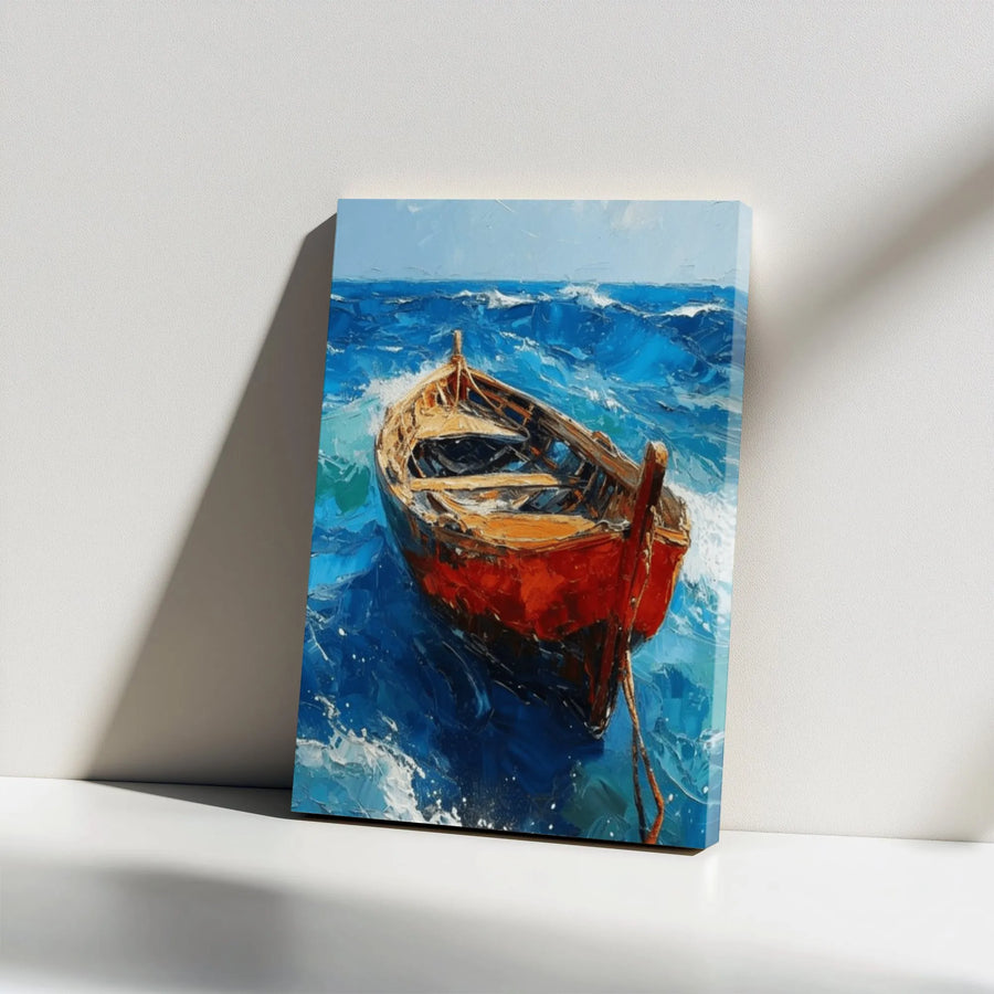 Red Boat Ocean Canvas Art | Stormy Sea Oil Painting Impressionist Style | 1.25" Gallery Wrap Premium Print | Nautical Home Decor For Office