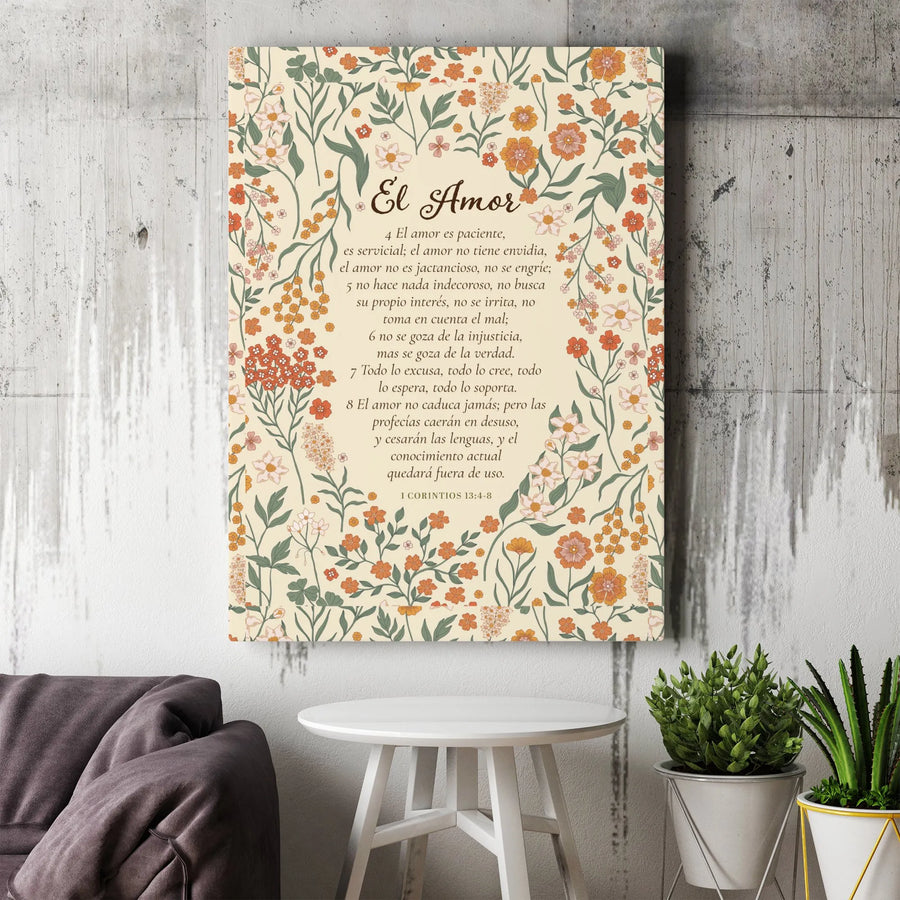 Versículo Bíblico en Lienzo | El Amor Es Paciente, 1 Corintios 13 | Impresión de Arte Floral Retro | Regalo Cristiano Para el Hogar