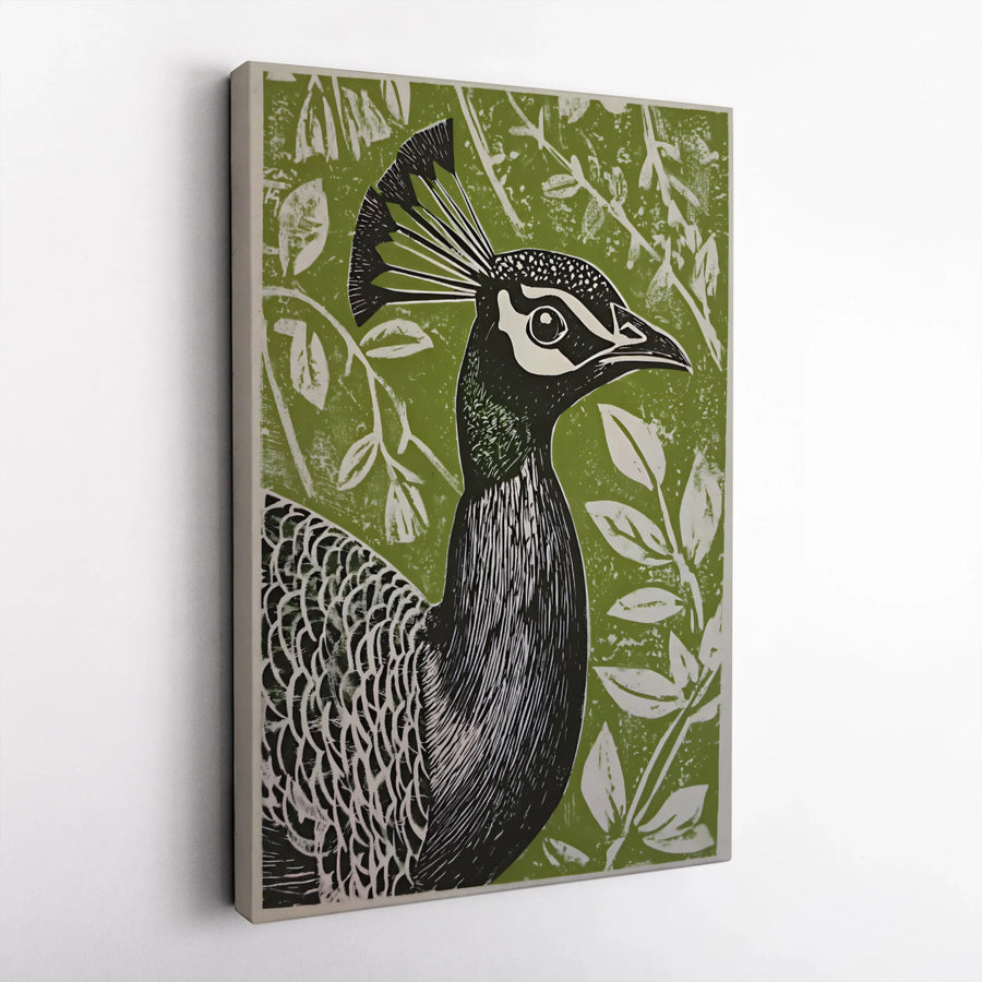 Peacock Wall Art Canvas | Linocut Style Botanical Green Print | Premium 1.25 Inch Gallery Wrap | Elegant Home Decor for Nature Lovers