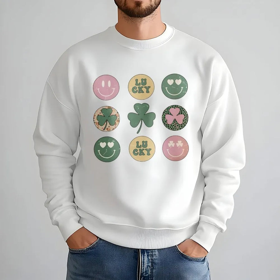Retro St. Patrick's Day Sweatshirt | Groovy Lucky Clover Smiley Face | Premium Cotton Blend | Unisex Holiday Gift for Women and Men