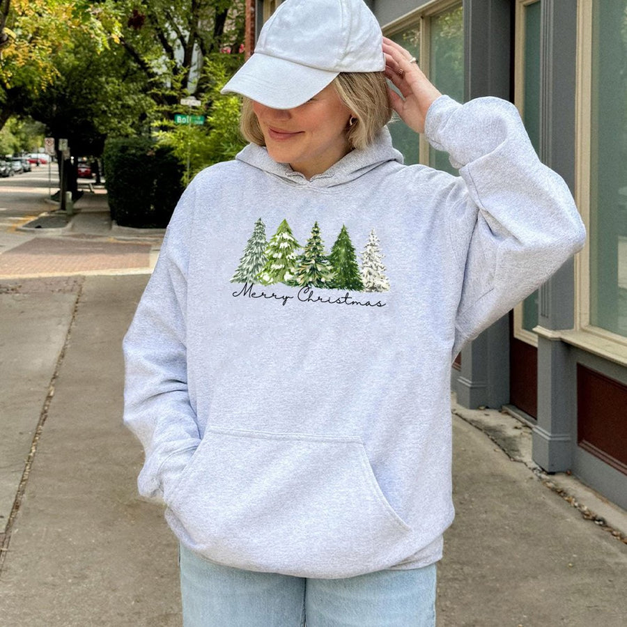 Merry Christmas Tree Hoodie | Watercolor Festive Holiday Graphic | Premium Cotton Blend Pullover | Cozy Xmas Gift For Women & Men