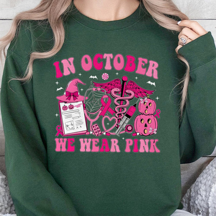 In October We Wear Pink Sweatshirt | Halloween Breast Cancer Awareness Nurse Gift | Cotton-Poly Blend Crewneck | For Nurses and Supporters