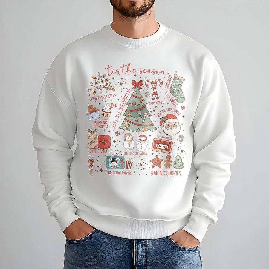 Tis The Season Christmas Sweatshirt | Holiday Icons Graphic Print | Soft Cotton-Poly Blend | Cozy Winter Gift For Women and Men