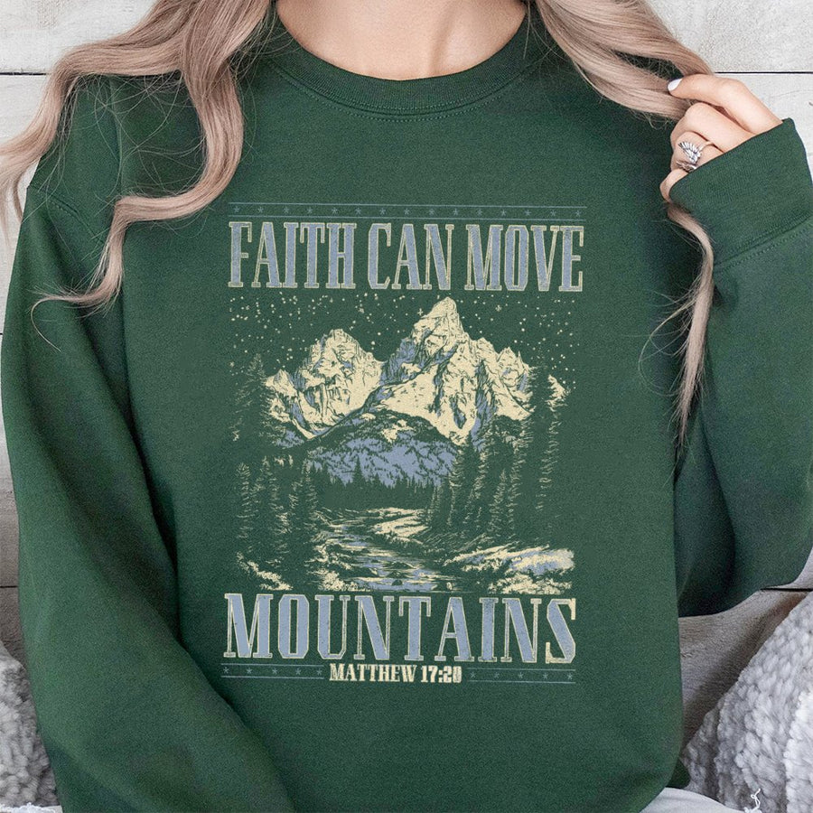 Faith Can Move Mountains Sweatshirt | Retro Mountain Graphic Bible Verse Apparel | Premium Cotton Blend | Christian Gift for Men and Women