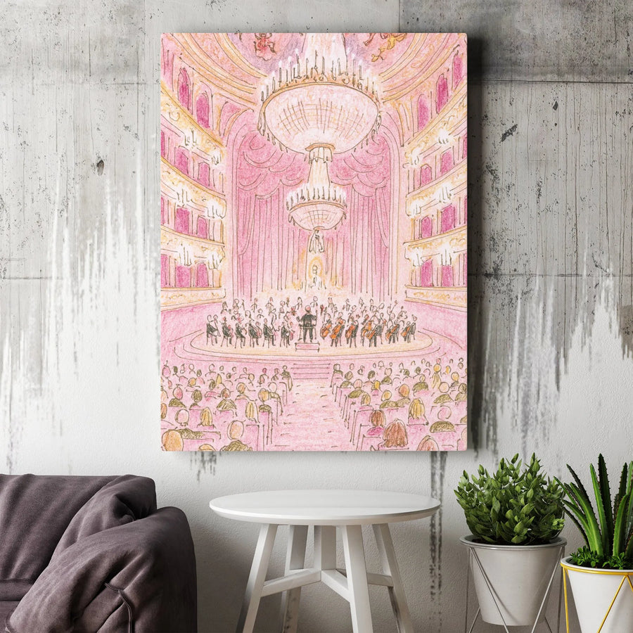 Orchestra Concert Hall Canvas Print | Whimsical Pastel Pink Opera House Sketch | Gallery Wrapped Premium Wall Art | Musical Theater Decor Gift