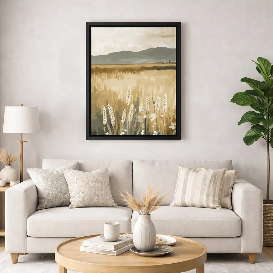 Golden Wheat Field Canvas Wall Art | Abstract Mountain Landscape Print | Premium 1.25 Inch Gallery Wrap | Modern Farmhouse Home Decor