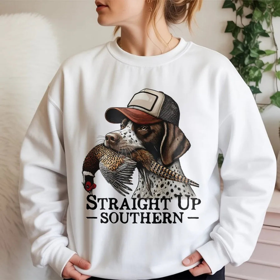 German Shorthaired Pointer Sweatshirt | Straight Up Southern Bird Dog Graphic | Cotton Blend Premium Crewneck | Hunting Gift for Dog Dad