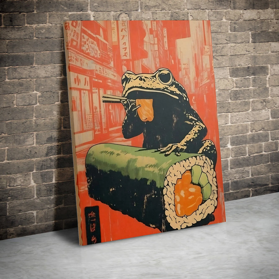 Japanese Toad Eating Sushi Canvas Wall Art | Ukiyo-E Style Retro Print | Gallery-Quality Thick Wrap | Quirky Kitchen Decor Gift for Sushi Lovers
