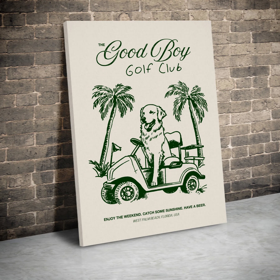 Good Boy Golf Club Dog Art | Funny Golden Retriever Golf Cart Print | Premium Gallery Wrapped Canvas | Retro Aesthetic Home Decor Gift