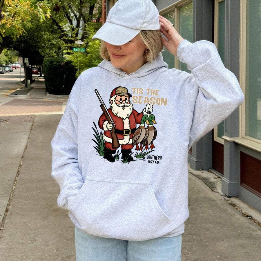 Tis The Season Duck Hunting Hoodie | Santa Claus with Shotgun Graphic | Premium Cotton Blend Unisex Sweatshirt | Funny Country Christmas Gift for Hunters