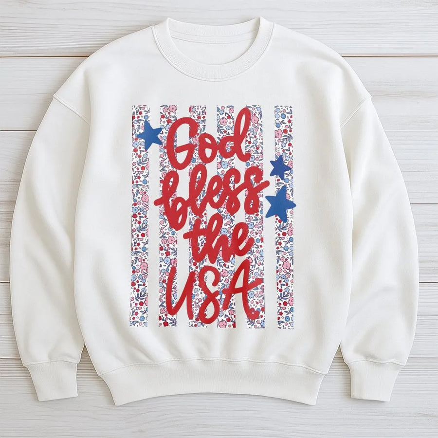 God Bless The USA Sweatshirt | Dainty Floral American Flag Design | Soft Cotton Blend Pullover | Fourth of July Gift for Women