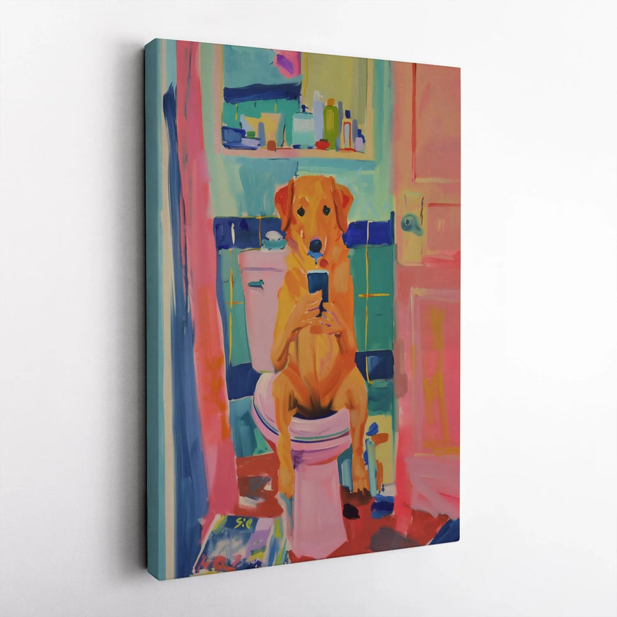 Golden Retriever Canvas Wall Art | Funny Dog Sitting on Toilet Phone Painting | Premium Gallery Wrap Print | Whimsical Bathroom Home Decor
