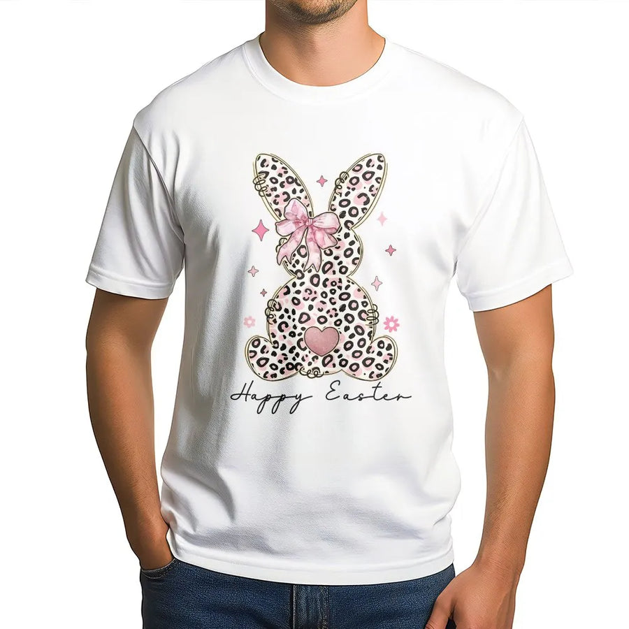 Easter Bunny T-Shirt | Leopard Print Bow Graphic | 100% Cotton Premium Tee | Cute Holiday Apparel For Women And Men