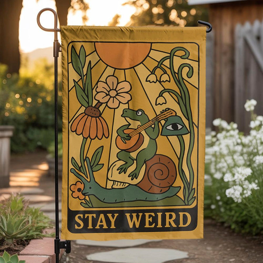 Stay Weird Garden Flag | Retro Frog and Snail Art | Weather-Resistant Polyester | Boho Outdoor Yard Decor Gift