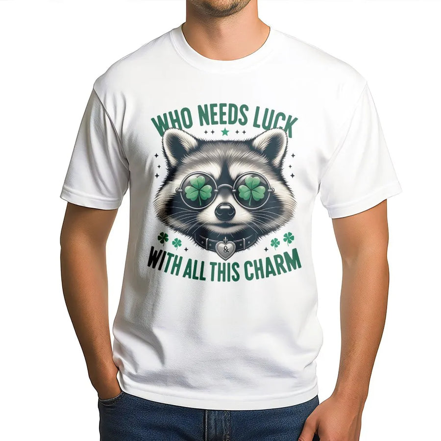 Raccoon St. Patrick's Day T-Shirt | Funny Shamrock Sunglasses Graphic | 100% Cotton Premium Tee | Cute Irish Gift for Men and Women