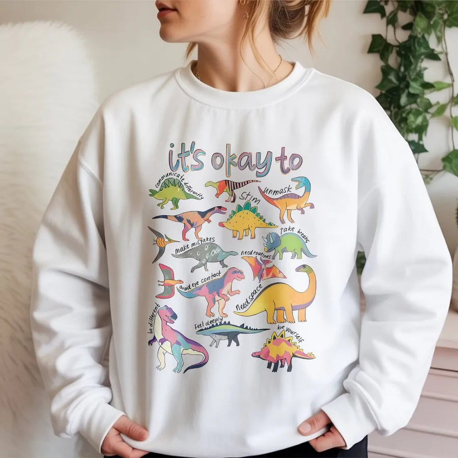 Autism Awareness Dinosaur Sweatshirt | It's Okay To Be Different Graphic | Soft Cotton-Poly Blend | Gift for Special Ed Teacher & Autism Mom