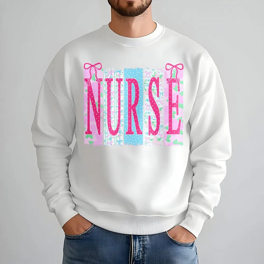 Coquette Nurse Sweatshirt | Ditsy Floral & Bow Pattern Pullover | Soft Cotton Blend | Premium Gift for RN, NICU Nurse, Nursing Student